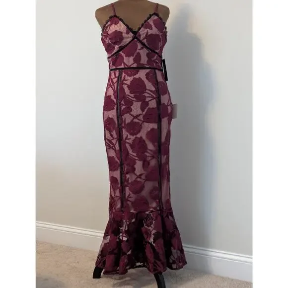 NWT Lulu's Alluring Dream Burgundy Floral Mesh Lace Trumpet Midi Dress Prom S - Picture 2 of 12